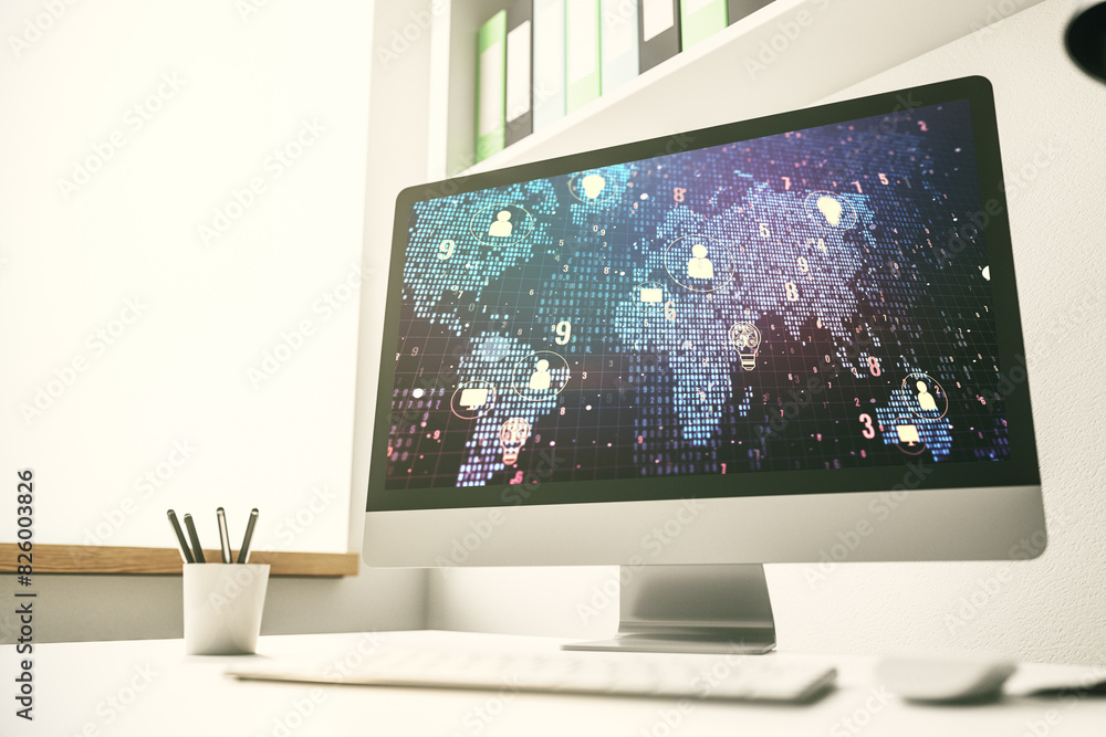 Modern computer screen with social network icons concept and world map. Networking concept. 3D Rendering Modern computer screen with social network icons concept and world map. Networking concept. 3D Rendering