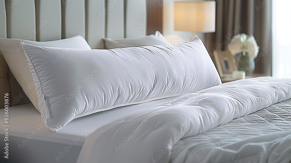 Close-up of a white pillow on a bed in a hotel room Close-up of a white pillow on a bed in a hotel room