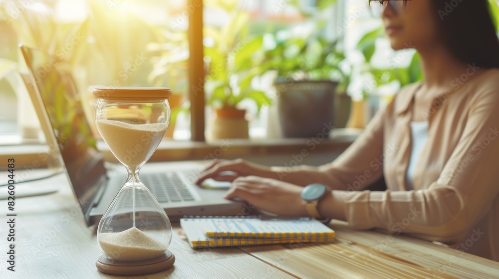 Close up view of hourglass stand on wooden home office measuring time Close up view of hourglass stand on wooden home office measuring time