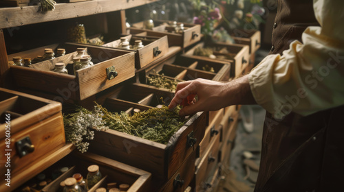 Herbalist handpicks dried herbs in an apothecary drawer.