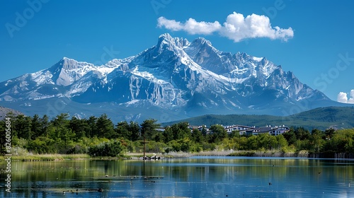 A mountain range with snow-capped peaks and clear skies, showcasing natural beauty and purity List of Art Media Photograph inspired by Spring magazine