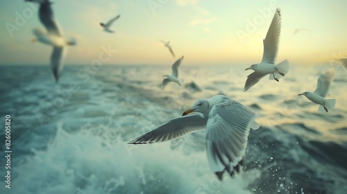 Natural beauty of seagulls flying over the ocean