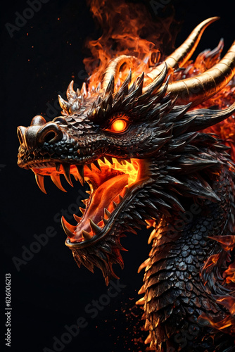 Fire chinese dragon head with flame fire at black background, logo design. Portrait (face) of creative dragon in shadow. Logotype concept. Cartoon illustration, generate Ai image. Copy ad text space © Alex Vog