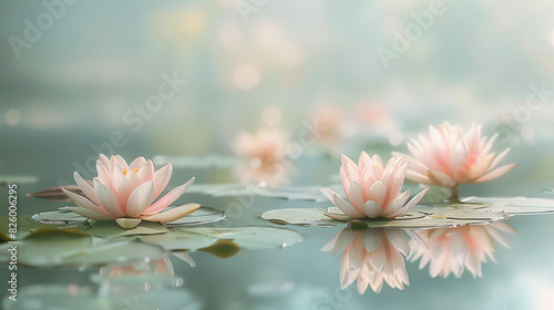 pink water lilies floating on the surface of a pond with lily pads
