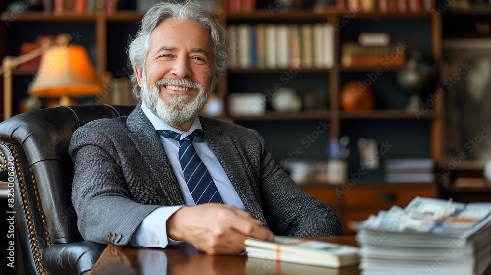 A successful, silver-haired businessman with a warm smile sits in a luxurious office, confidently holding a stack of money. A successful, silver-haired businessman with a warm smile sits in a luxurious office, confidently holding a stack of money.