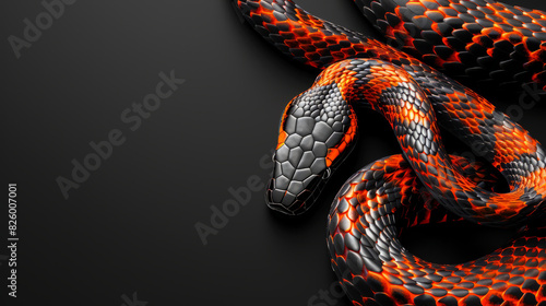 An orange and black snake on a black background. The snake as a symbol of the year 2025. A place for the text.