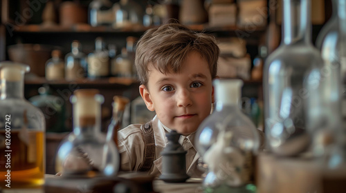 A child in a classic science laboratory, surrounded by old but fascinating objects, looks with curiosity at the world around him.