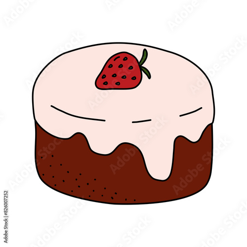 Chocolate sponge cake coated with cream, decorated with strawberry, doodle style vector