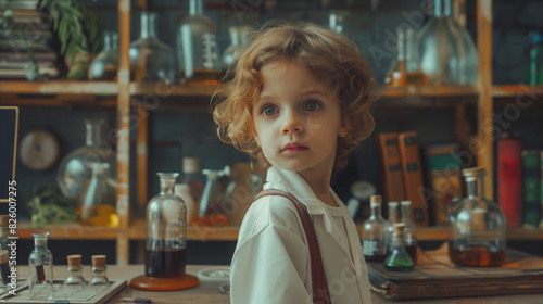 A child in a classic science laboratory, surrounded by old but fascinating objects, looks with curiosity at the world around him.