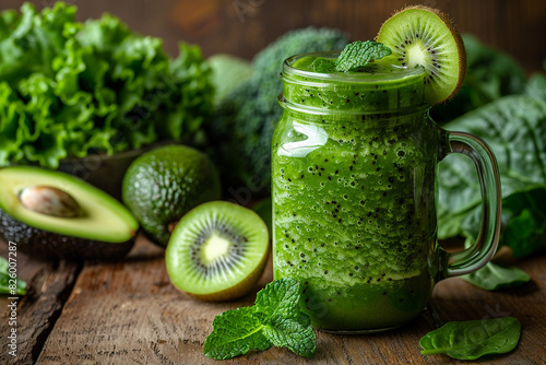 A vibrant green health smoothie in a glass jar mug photo
