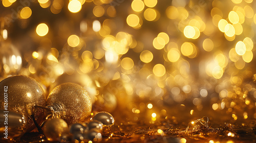 A collection of golden Christmas baubles surrounded by a glittering golden glow and bokeh lights on a festive background photo