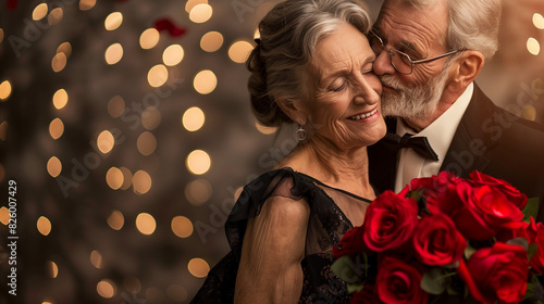 An elegant elderly couple, dressed in formal attire, shares an intimate moment while holding a bouquet of roses in their hands.
