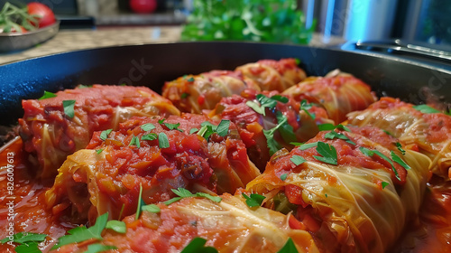 Stuffed cabbage rolls filled with minced meat and rice, served in a thick tomato sauce photo
