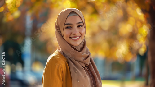 An elegant portrait of a smiling woman in hijab who exudes confidence and calm. Her smile is natural and radiant, and her look is full of determination and trust. © Sawyer0