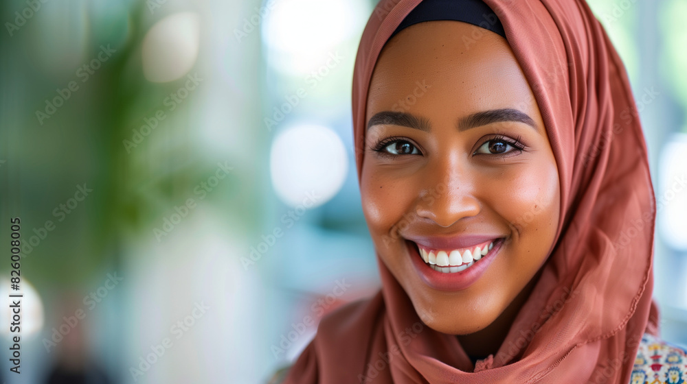 An elegant portrait of a smiling woman in hijab who exudes confidence and calm. Her smile is natural and radiant, and her look is full of determination and trust. An elegant portrait of a smiling woman in hijab who exudes confidence and calm. Her smile is natural and radiant, and her look is full of determination and trust.