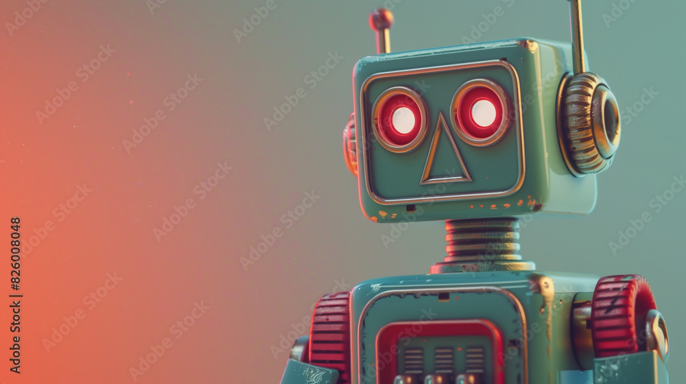 A funny retro-style robot with an expressive face and a fanciful expression on a plain background. A funny retro-style robot with an expressive face and a fanciful expression on a plain background.