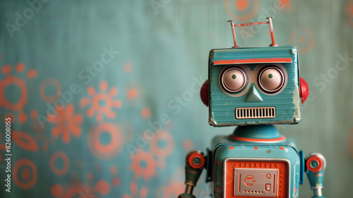 A funny retro-style robot with an expressive face and a fanciful expression on a plain background.