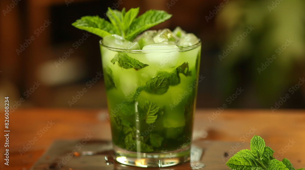 A fresh mojito whose intense green color attracts attention, and the sour aroma of mint and lime spreads in the air. A fresh mojito whose intense green color attracts attention, and the sour aroma of mint and lime spreads in the air.