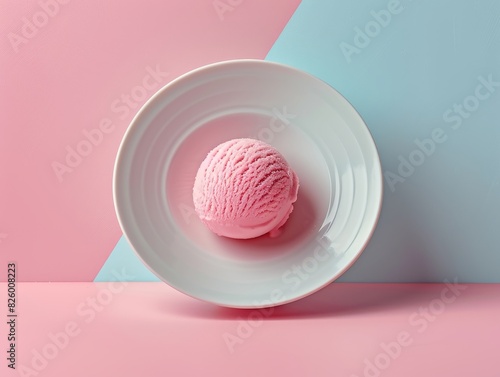 A vibrant pink ice cream scoop served on a white plate with a minimalistic pink and blue background photo