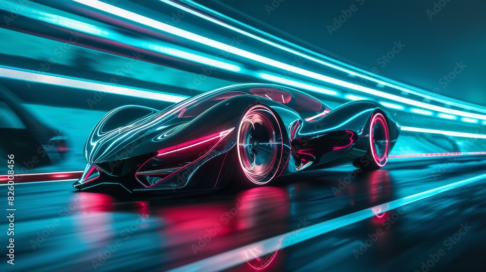 futuristic vehicle with sleek aerodynamic lines and neon light highlights