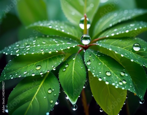 Close-up view of vibrant green leaves bejeweled with sparkling dewdrops, highlighting nature's intricate details.. AI Generation photo