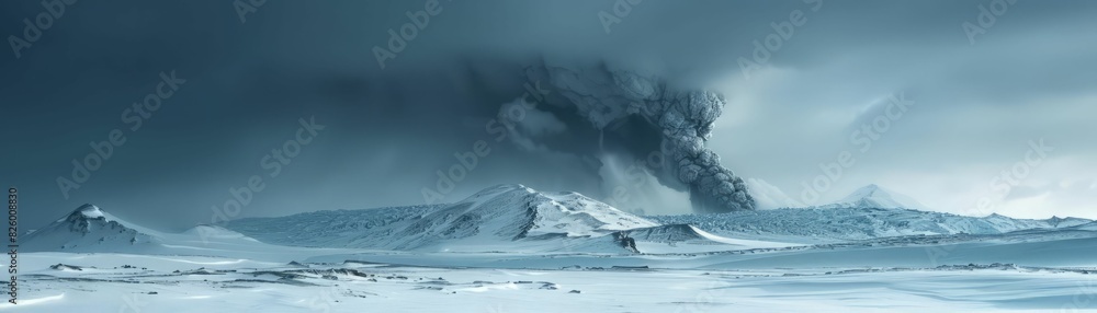 A large volcanic eruption on a frozen landscape. A large volcanic eruption on a frozen landscape.