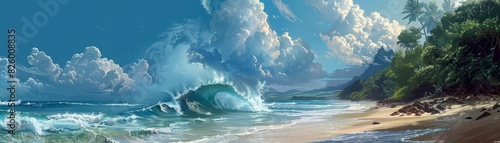 Beautiful painting of a beach. The blue ocean is crashing against the sandy shore, and the palm trees are swaying in the wind. The sky is a bright blue with fluffy white clouds. photo