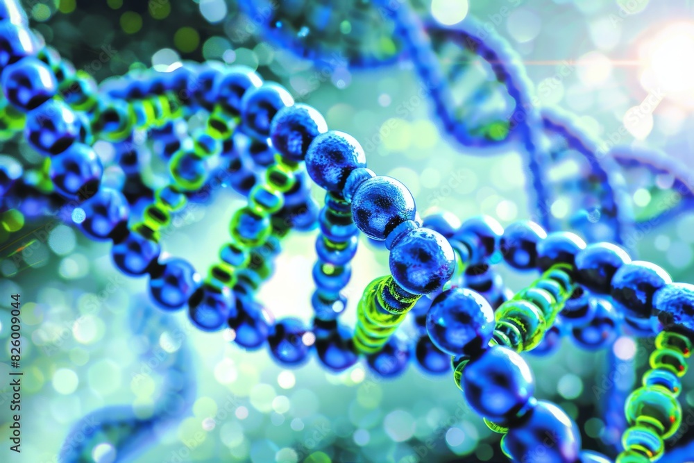Blue and green DNA strand in a futuristic setting with abstract background, genetic research biogenetics and biotech DNA genomic editing and gene sequencing Blue and green DNA strand in a futuristic setting with abstract background, genetic research biogenetics and biotech DNA genomic editing and gene sequencing