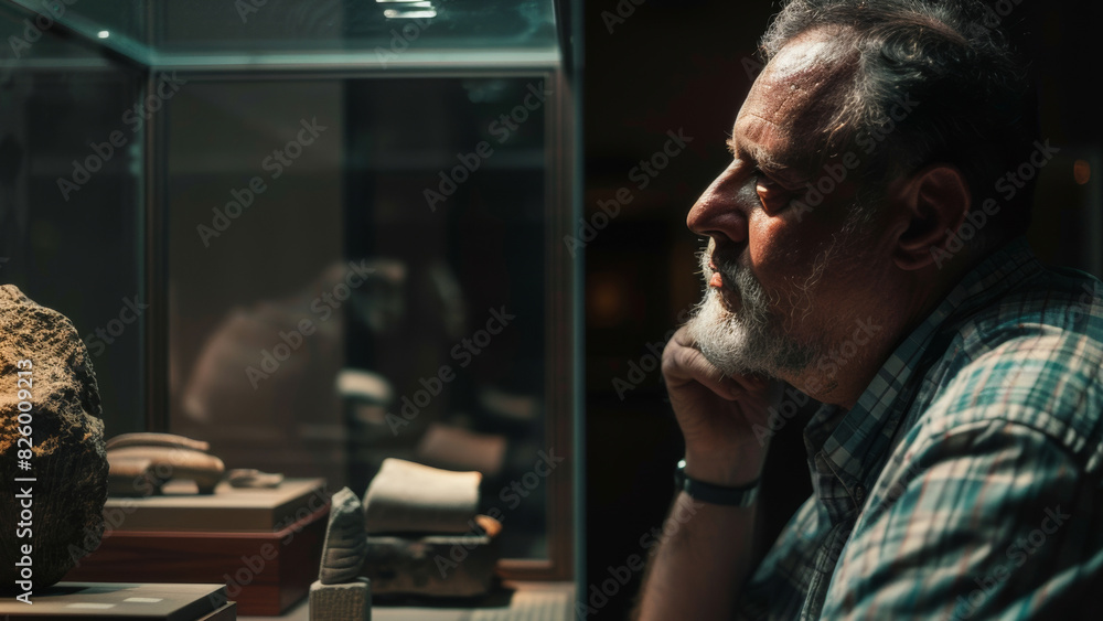 Pensive man contemplates artifacts in dim museum light. Pensive man contemplates artifacts in dim museum light.