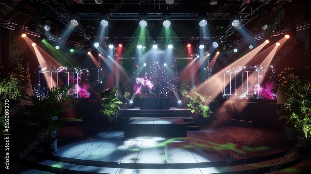 Live concert stage designed for online transmission, showcasing a blend of traditional stage elements with advanced digital enhancements, creating a visually stunning performance space.