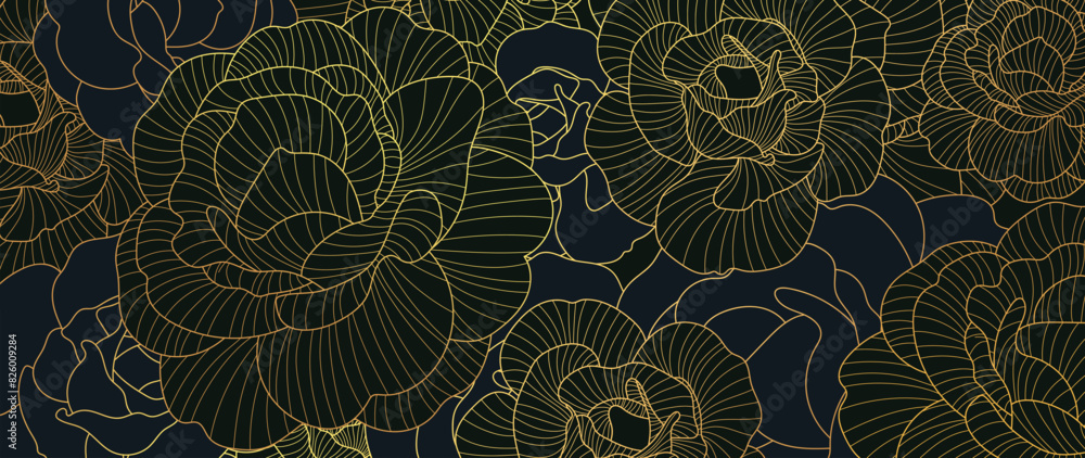 Luxury golden peony flower line art background vector. Natural botanical elegant flower on dark background. Design illustration for decoration, wall decor, wallpaper, cover, banner, poster, card. Luxury golden peony flower line art background vector. Natural botanical elegant flower on dark background. Design illustration for decoration, wall decor, wallpaper, cover, banner, poster, card.