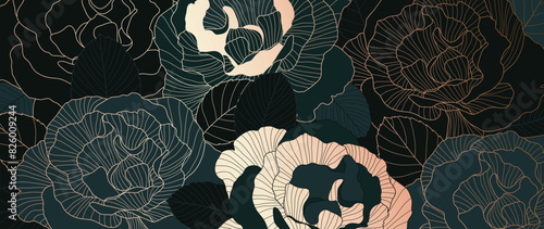 Luxury golden peony flower line art background vector. Natural botanical elegant flower on dark background. Design illustration for decoration, wall decor, wallpaper, cover, banner, poster, card.