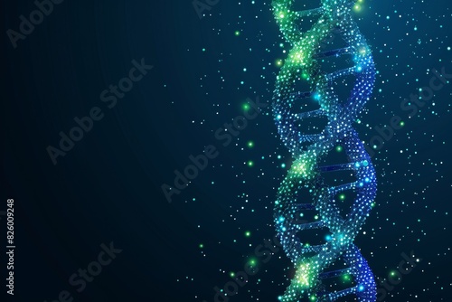 Abstract DNA helix with blue and green particles on a dark background, genetic research biogenetics and biotech DNA genomic editing and gene sequencing
