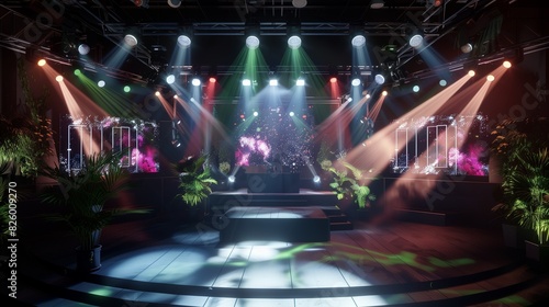 Live concert stage designed for online transmission  showcasing a blend of traditional stage elements with advanced digital enhancements  creating a visually stunning performance space.