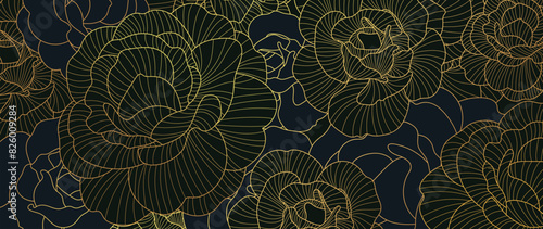 Luxury golden peony flower line art background vector. Natural botanical elegant flower on dark background. Design illustration for decoration, wall decor, wallpaper, cover, banner, poster, card.