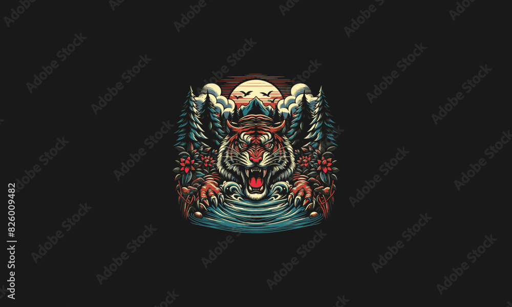 Fototapeta premium tiger angry on forest and lake vector artwork design