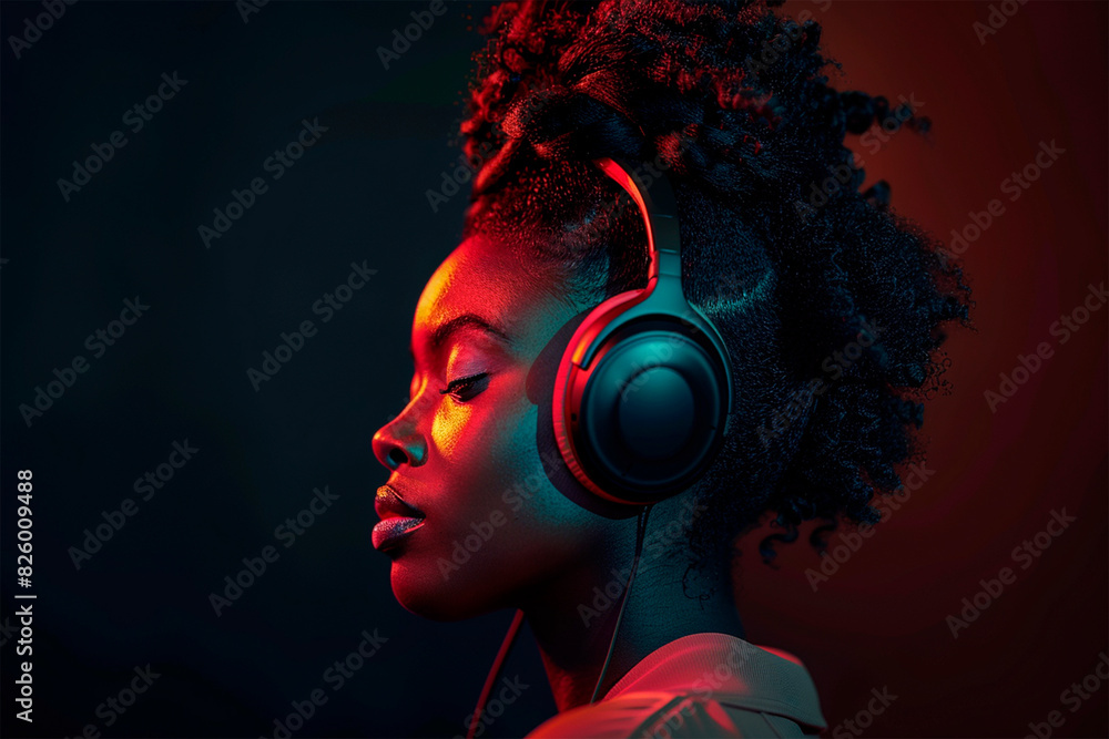 Portrait of an African American girl wearing headphones. Beautiful woman listens to music on headphones. Relaxation. Portrait of an African American girl wearing headphones. Beautiful woman listens to music on headphones. Relaxation.