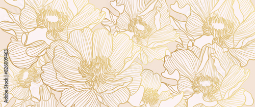 Luxury golden wild flower line art background vector. Natural botanical elegant flower with gold line art. Design illustration for decoration, wall decor, wallpaper, cover, banner, poster, card.