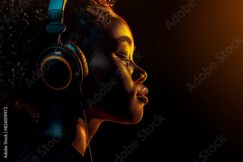 Portrait of an African American girl wearing headphones. Beautiful woman listens to music on headphones. Relaxation.