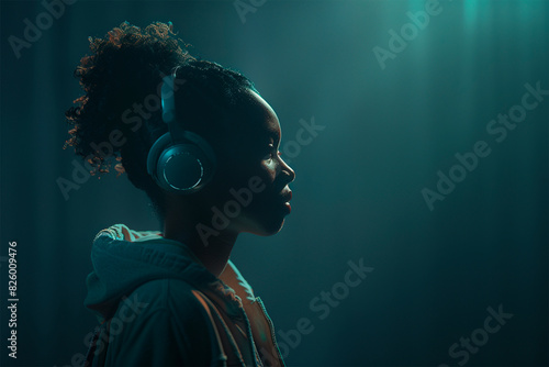 Portrait of an African American girl wearing headphones. Beautiful woman listens to music on headphones. Relaxation.
