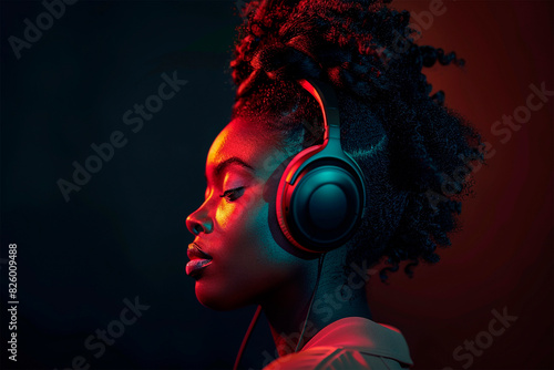 Portrait of an African American girl wearing headphones. Beautiful woman listens to music on headphones. Relaxation.