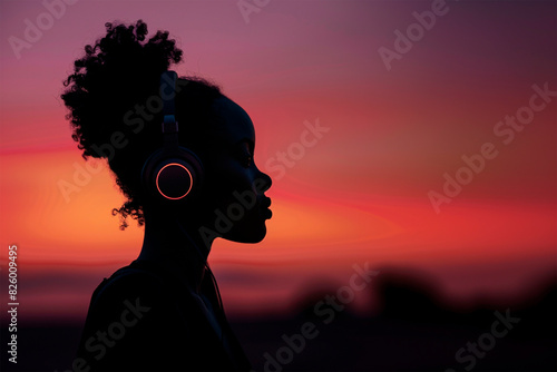 Portrait of an African American girl wearing headphones. Beautiful woman listens to music on headphones. Relaxation.