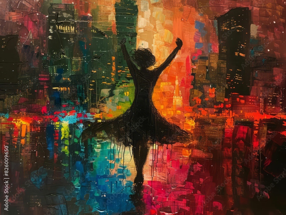 Fototapeta premium Oil painting of a ballerina dancing on a colorful abstract background.
