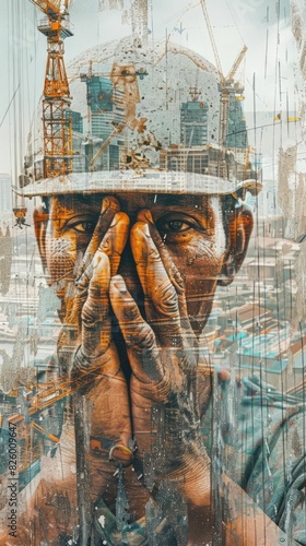Oil worker with dirty face and hands covering his eyes in front of an oil rig photo