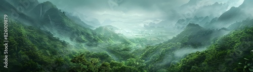 The green hills are shrouded in mist  creating a beautiful and mysterious landscape.