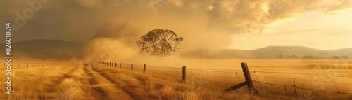 The image shows a rural road with a tree in the distance. The sky is a stormy yellow. photo