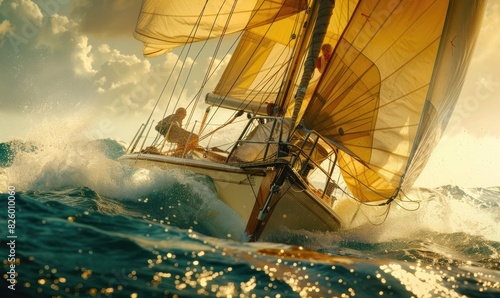 A sport sailboat is rushing through the rough sea