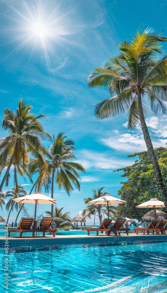 Luxury beach resort swimming pool, leisure beach chairs, palm trees, sunny sky, travel vacation