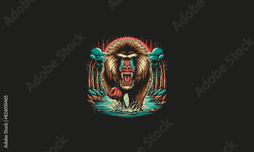 baboon angry on forest and lake vector artwork design