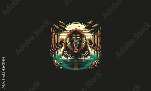 baboon angry on forest and lake vector artwork design